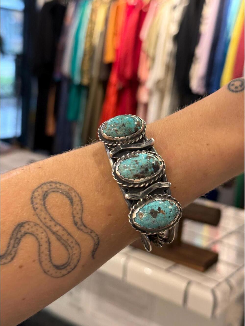 Vintage Sterling Silver 3 Stone Turquoise Cuff Bracelet Navajo Southwestern